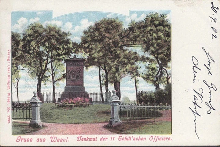 AK Wesel, Denkmal der 11. Schillschen Offiziere, gelaufen 1902