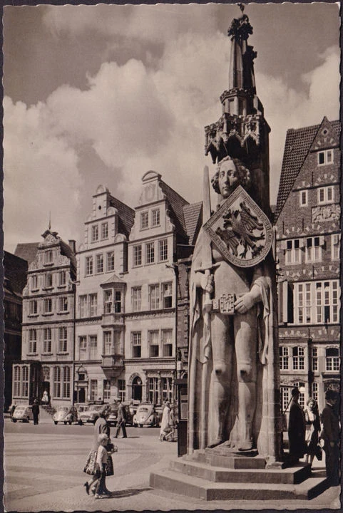 AK Bremen, Roland, Apotheke, Sparkasse, Deutsches Haus, gelaufen 1962