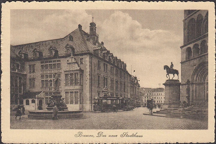 AK Bremen, Das neue Stadthaus, Brunnen, Straßenbahn, ungelaufen