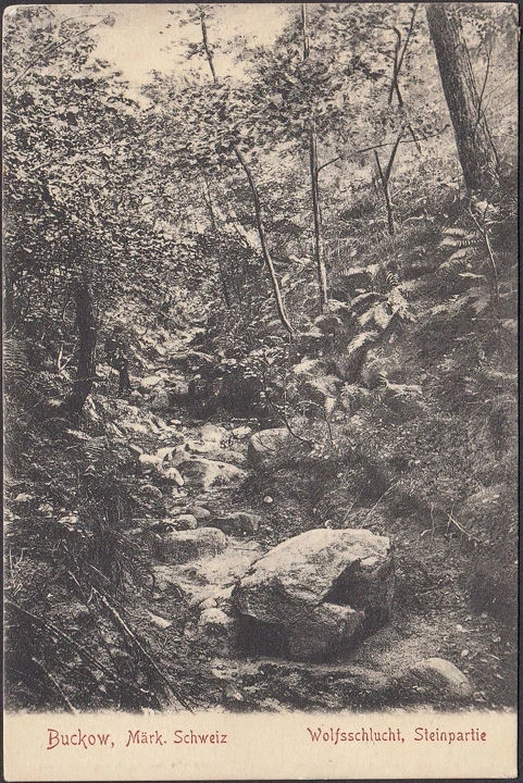 AK Buckow, Wolfsschlucht, Steinpartie, gelaufen 1911