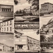 AK Bitterfeld, Willi Sachs Straße, Lichtspiele, Oberschule, Kurpalast, gelaufen 1961