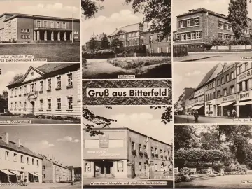 AK Bitterfeld, Willi Sachs Straße, Lichtspiele, Oberschule, Kurpalast, gelaufen 1961