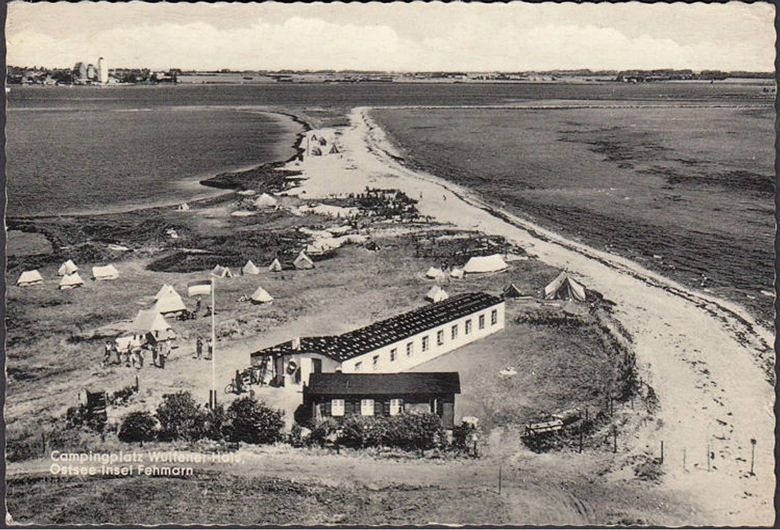 AK Fehmarn, Fliegeraufnahme, Campingplatz Wultener Hals, gelaufen 1959