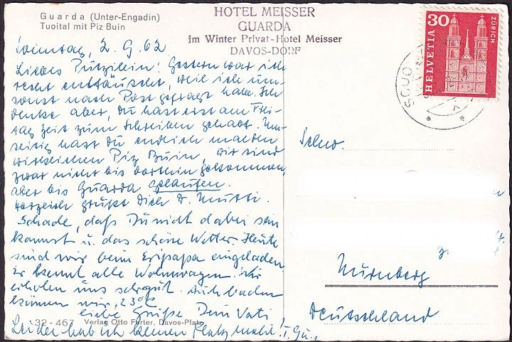 AK Guarda, Tuoital mit Piz Buin, Hotel Meisser, Davos Dorf, gelaufen 1962