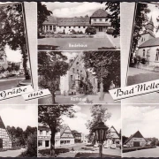 AK Bad Melle, Rathaus, Badehaus, Marktpartie, Kirchen, gelaufen 1965