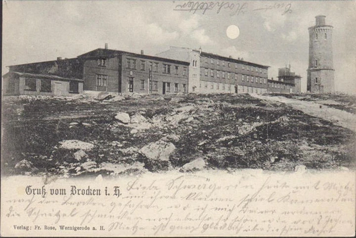 AK Gruss vom Brocken, Brockenhaus, Mondschein, gelaufen 1905