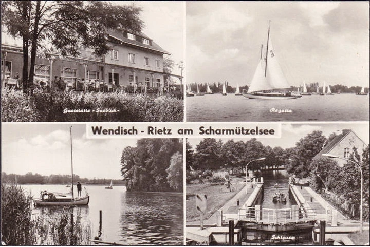 AK Wendisch Rietz, Gaststätte Seeblick, Schleuse, Regatta, gelaufen 1979