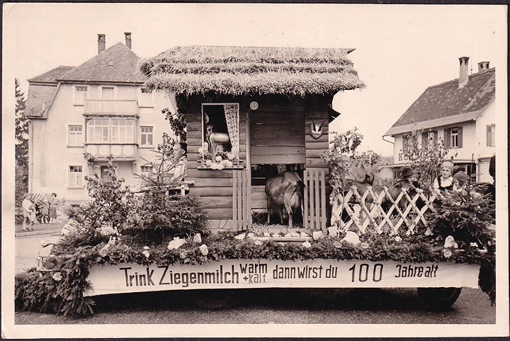 AK Saulgau? Festwagen, Trink Ziegenmilch warm und kalt dann wirst du 100 Jahre alt, Foto AK, ungelaufen