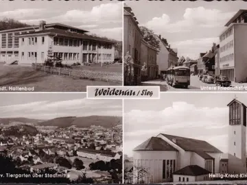 AK Weidenau, Hallenbad, Friedrichstraße, Kirche, Bus, gelaufen 1961