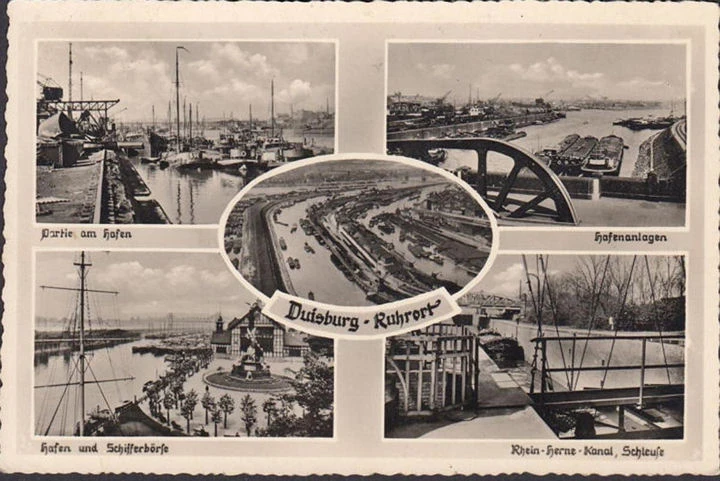 AK Duisburg, Hafen, Schifferbörse, Hafenanlage, Schleuse, gelaufen 1950