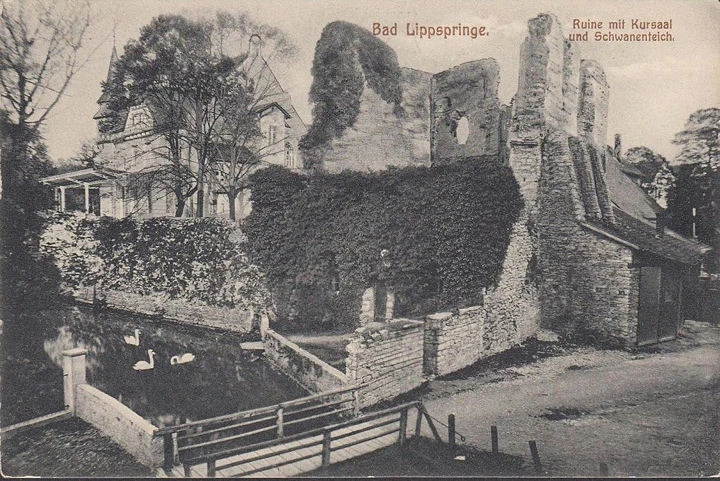 AK Bad Lippspringe, Ruine mit Kursaal und Schwanenteich, ungelaufen