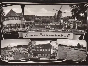 AK Bad Zwischenahn, Fährhaus, Badestrand, Haus am Meer, Windmühle, gelaufen 1964