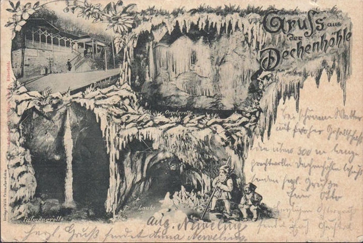 AK Iserlohn, Gruss aus der Dechenhöhle, Bahnhof, Palmengrotte, gelaufen 1899