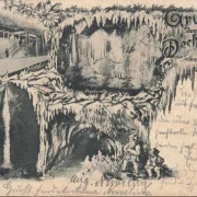 AK Iserlohn, Gruss aus der Dechenhöhle, Bahnhof, Palmengrotte, gelaufen 1899