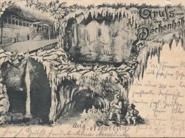 AK Iserlohn, Gruss aus der Dechenhöhle, Bahnhof, Palmengrotte, gelaufen 1899