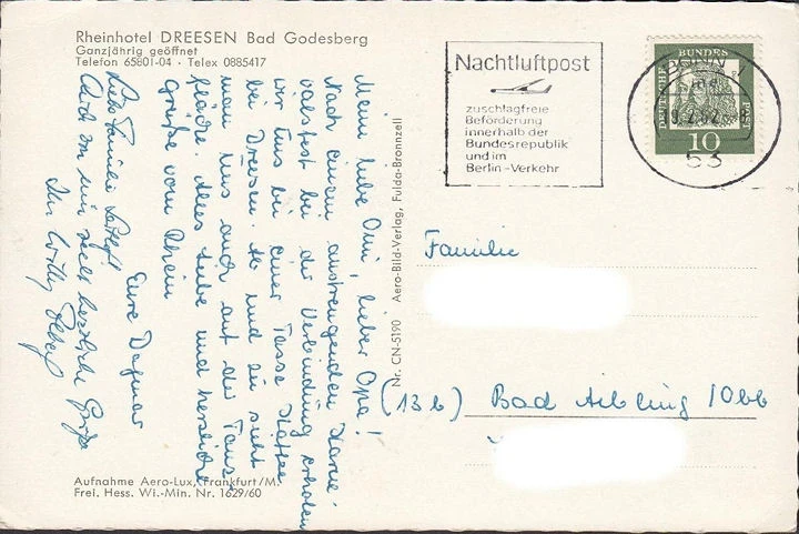 AK Bad Godesberg, Hotel Dreesen, Fliegeraufnahme, gelaufen 1962