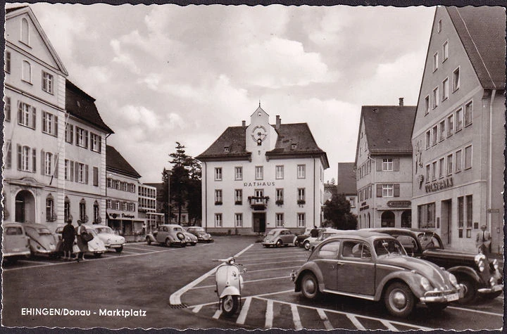 AK Ehingen, Volksbank, Rathaus, Grundig, Marktplatz, VW Käfer, ungelaufen