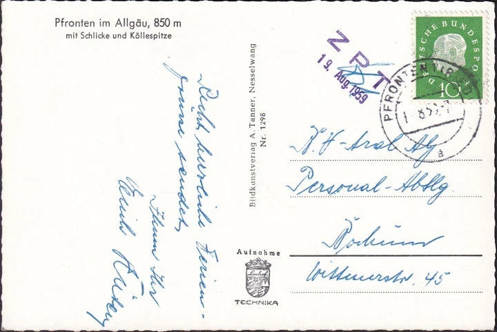 AK Pfronten mit Schlicke und Köllespitze, gelaufen 1959