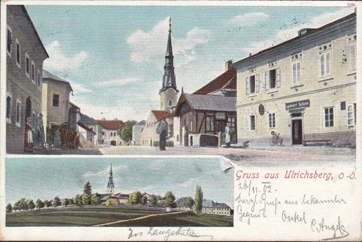 AK Gruss aus Ulrichsberg, Gasthaus, Kirche, Straßenpartie, gelaufen 1902