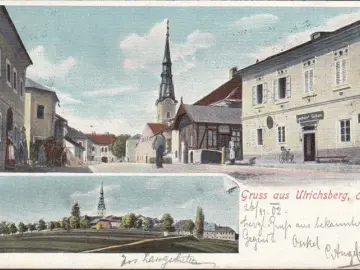 AK Gruss aus Ulrichsberg, Gasthaus, Kirche, Straßenpartie, gelaufen 1902