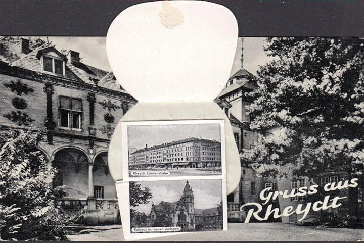 AK Rheydt, Schloss, 10 Minikarten, Nachgebühr, Rucksackkarte, gelaufen 1953