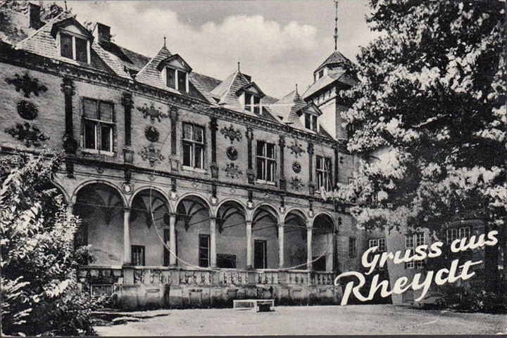 AK Rheydt, Schloss, 10 Minikarten, Nachgebühr, Rucksackkarte, gelaufen 1953