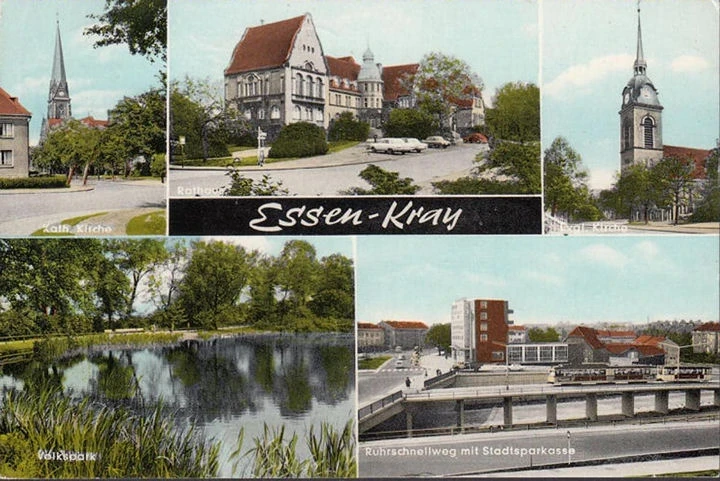 AK Essen Kray, Stadtsparkasse, Rathaus, Kirche, gelaufen 1967