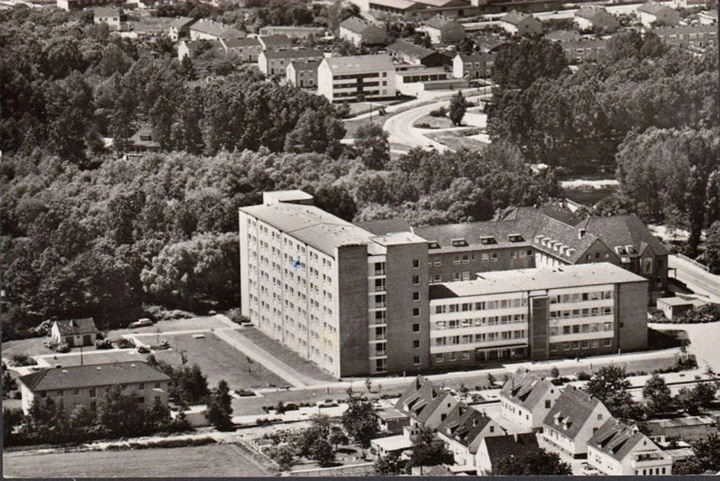 AK Lendersdorf, St. Augustinus Krankenhaus, Fliegeraufnahme, gelaufen 1973