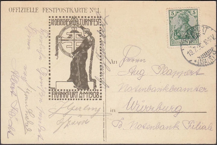 AK Frankfurt a. Main, Elftes Turnfest 1908, Offizielle Feldpostkarte, gelaufen 1908