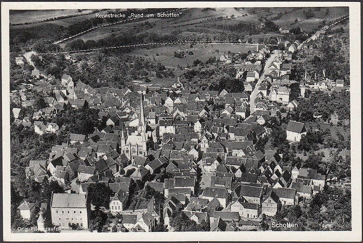 AK Schotten, Fliegeraufnahme, Stadtansicht, Rennstrecke, ungelaufen