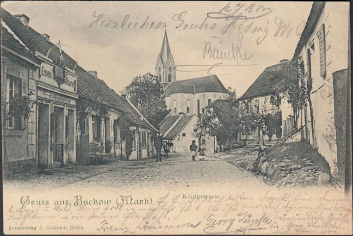 AK Gruss aus Buckow, Königstraße, Kirche, gelaufen 190?