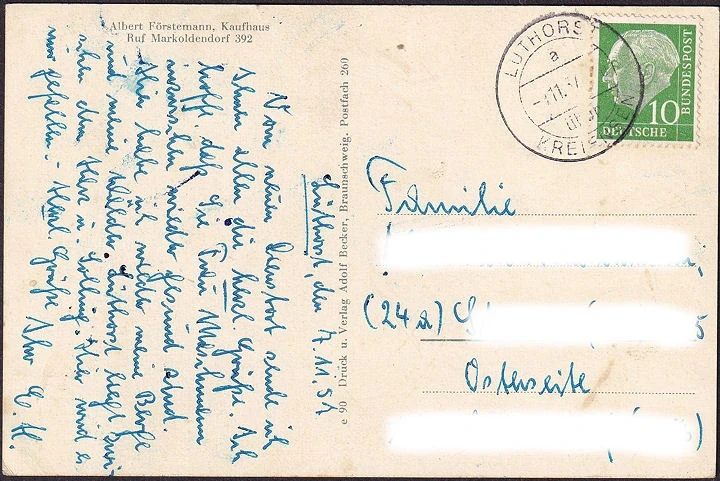 AK Gruß aus Lüthorst, Schule, Sparkasse, Kaufhaus Förstemann, Gemeindeverwaltung, gelaufen 1951