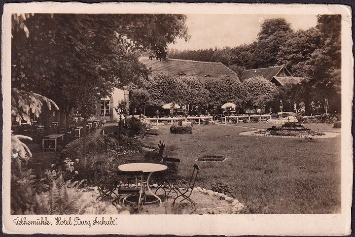 AK Ballenstedt, Selkemühle, Hotel Burg Anhalt, Garten, ungelaufen