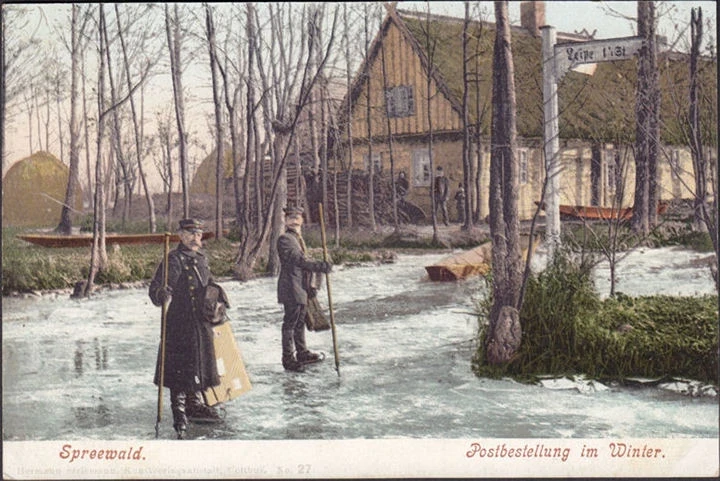 AK Spreewald, Postbestellung im Winter, Postboten auf Schlittschuhe, ungelaufen