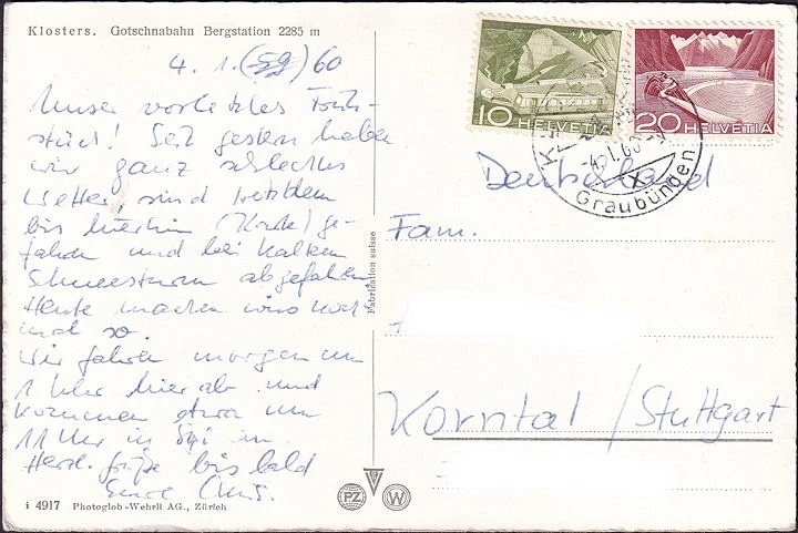 AK Klosters, Gotschnabahn, Bergstation, gelaufen 1960