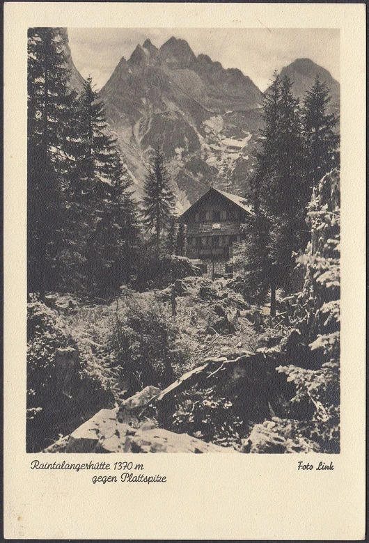 AK Garmisch Partenkirchen, Raintalangerhütte gegen Plattspitze, gelaufen 1947