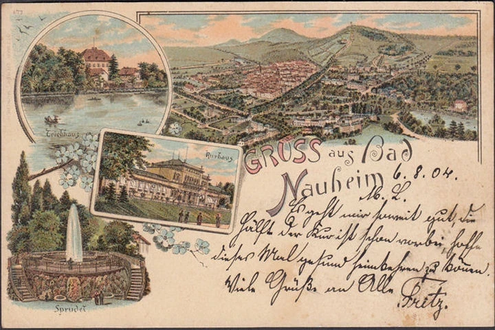 AK Gruss aus Bad Nauheim, Rathaus, Teichhaus, Stadtansicht, Sprudel, Litho, gelaufen 1904