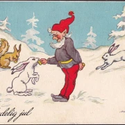 AK Glaedelig Jul, Zwerg füttert Hasen, gelaufen 1958