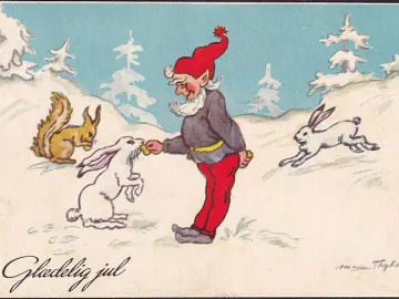 AK Glaedelig Jul, Zwerg füttert Hasen, gelaufen 1958