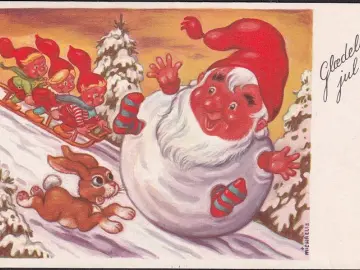 AK Glaedelig Jul, Zwerg als Schneeball, zwerge auf Schlitten, gelaufen 1968