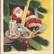 AK Glaedelig Jul, Weihnachtsmann schläft im Christbaum, Künstler Bencke, gelaufen 1958