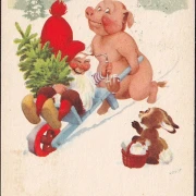 AK Glaedelig Jul, Schwein mit Schubkarre und Zwerg, gelaufen 1956