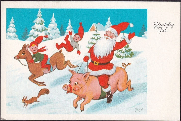 AK Glaedelig Jul, Weihnachtsmann reitet auf Schwein, Zwerge auf einem Reh, gelaufen 1968