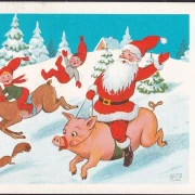 AK Glaedelig Jul, Weihnachtsmann reitet auf Schwein, Zwerge auf einem Reh, gelaufen 1968