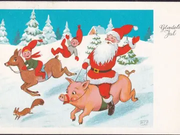 AK Glaedelig Jul, Weihnachtsmann reitet auf Schwein, Zwerge auf einem Reh, gelaufen 1968