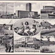 AK Wilhelmshaven, Rathaus, Strandhalle, Geniusbank, Stadttheater, gelaufen 1957