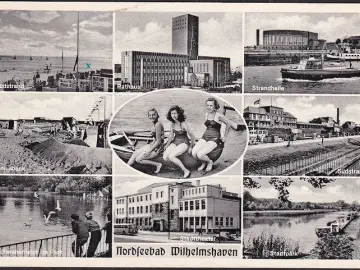 AK Wilhelmshaven, Rathaus, Strandhalle, Geniusbank, Stadttheater, gelaufen 1957