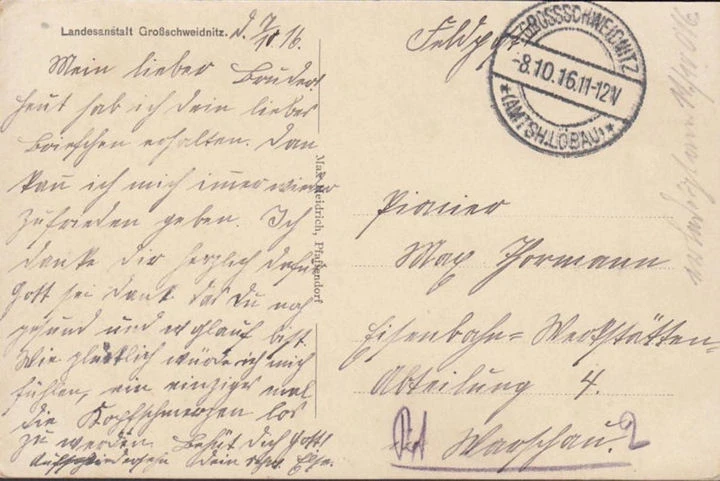 AK Großschweidnitz, Landesanstalt, Kirche, Lindenweg, Krankenhaus, Feldpost, gelaufen 1916