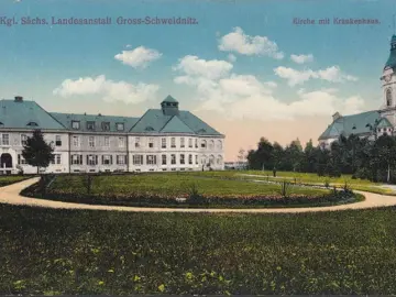 AK Großschweidnitz, Landesanstalt, Kirche mit Krankenhaus, ungelaufen- datiert 1916