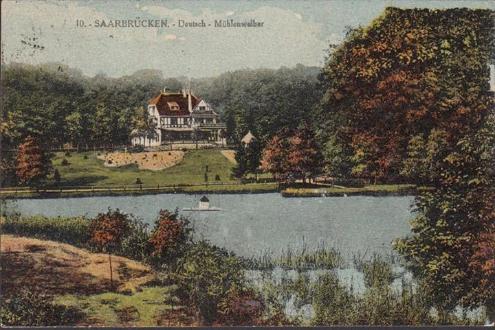 AK Saarbrücken, Deutschmühlenweiher, gelaufen 1927